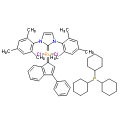 TRICYCLOHEXYLPHOSPHINE [1,3-BIS(2,4,6-TRIMETHYLPHENYL)IMIDAZOL-2-YLIDENE] [3-PHENYL-1H-INDEN-1-YLIDENE] RUTHENIUM (II) DICHLORIDE Structure