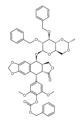 benzyl (4-((5R,5aR,8aR,9S)-9-(((2R,4aR,6R,7R,8S,8aR)-7,8-bis(benzyloxy)-2-methylhexahydropyrano[3,2-d][1,3]dioxin-6-yl)oxy)-6-oxo-5,5a,6,8,8a,9-hexahydrofuro[3',4':6,7]naphtho[2,3-d][1,3]dioxol-5-yl)-2,6-dimethoxyphenyl) carbonate Structure