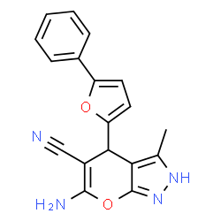 6-amino-3-methyl-4-(5-phenylfuran-2-yl)-1,4-dihydropyrano[2,3-c]pyrazole-5-carbonitrile结构式