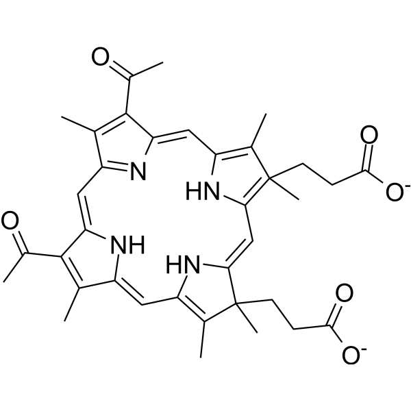 21H,23H-Porphine-2,18-dipropanoicacid, 7,12-diacetyl-3,8,13,17-tetramethyl-, 2,18-dimethyl ester Structure