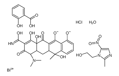 (4S,4aS,5aS,6S,12aR)-4-(dimethylamino)-1,6,10,11,12a-pentahydroxy-6-methyl-3,12-dioxo-4,4a,5,5a-tetrahydrotetracene-2-carboxamide,1,3,2λ2-benzodioxabismin-4-one,2-(2-methyl-5-nitroimidazol-1-yl)ethanol,hydrate,hydrochloride Structure