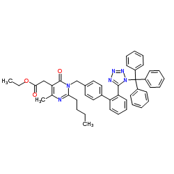 Ethyl (2-butyl-4-methyl-6-oxo-1-{[2'-(1-trityl-1H-tetrazol-5-yl)-4-biphenylyl]methyl}-1,6-dihydro-5-pyrimidinyl)acetate Structure