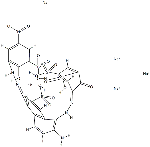 [3-[[2-氨基-5-羟基-6-[(2-羟基-5-硝基-3-磺苯基)偶氮]-7-磺基-1-萘基]偶氮]-2-羟基-5-磺基苯甲酸根合]高铁酸四钠结构式