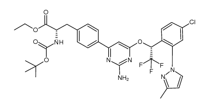 (S)-ethyl 3-(4-(2-amino-6-((R)-1-(4-chloro-2-(3-methyl-1H-pyrazol-1-yl)phenyl)-2,2,2-trifluoroethoxy)pyrimidin-4-yl)phenyl)-2-(tert-butoxycarbonylamino)propanoate结构式