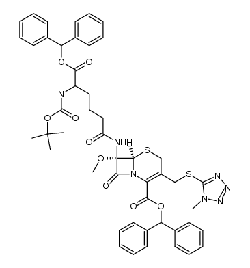(6R)-7t-((R)-5-benzhydryloxycarbonyl-5-tert-butoxycarbonylamino-pentanoylamino)-7c-methoxy-3-(1-methyl-1H-tetrazol-5-ylsulfanylmethyl)-8-oxo-(6rH)-5-thia-1-aza-bicyclo[4.2.0]oct-2-ene-2-carboxylic acid benzhydryl ester结构式