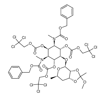 dibenzyl ((1R,2S,3S,4R,5r,6S)-5-(((3aR,4S,6R,7aR)-2-methoxy-2,6-dimethyltetrahydro-4H-[1,3]dioxolo[4,5-c]pyran-4-yl)oxy)-2,4,6-tris(((2,2,2-trichloroethoxy)carbonyl)oxy)cyclohexane-1,3-diyl)bis(methylcarbamate) Structure