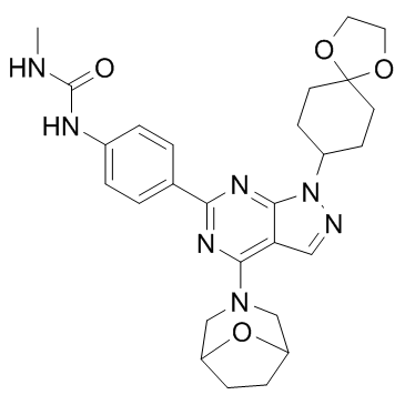 N-[4-[1-(1,4-二氧杂螺[4.5]癸烷-8-基)-4-(8-氧杂-3-氮杂双环[3.2.1]辛烷-3-基)-1H-吡唑并[3,4-D]嘧啶-6-基]苯基]-N'-甲基脲结构式