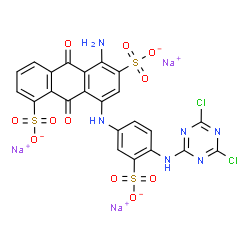 trisodium 5-amino-8-[[4-[(4,6-dichloro-1,3,5-triazin-2-yl)amino]-3-sulphonatophenyl]amino]-9,10-dihydro-9,10-dioxoanthracenedisulphonate Structure