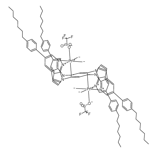 [Pt(IV)2(triflate)2Me4(κ3:κ3-1,2,4,5-tetrakis(5-(p-C7H15C6H4)-7-azaindol-1-yl)benzene)]结构式