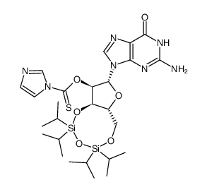 2'-O-(1-imidazolyl)thiocarbonyl-3',5'-O-(tetraisopropyldisiloxane-1,3-diyl)guanosine Structure