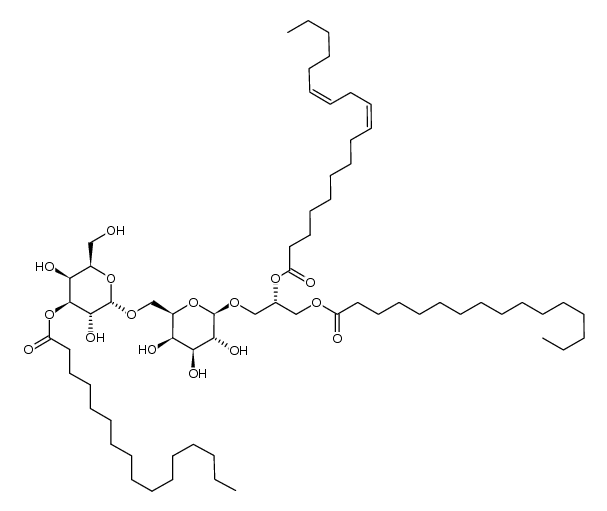 (2S)-1-O-palmitoyl-2-O-linoleoyl-3-O-[α-D-galactopyranosyl-(1''->6')-(3''-O-palmitoyl)-β-D-galactopyranosyl]glycerol结构式