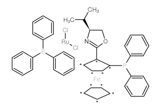 (-)-Dichloro[(4S)-4-(i-propyl)-2-{(S)-2-(diphenylphosphino)ferrocenyl}oxazoline](triphenylphosphine)ruthenium(II) Structure