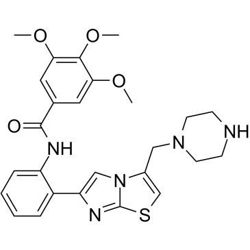 3,4,5-三甲氧基-N-(2-(3-(哌嗪-1-基甲基)咪唑并[2,1-B]噻唑-6-基)苯基)苯甲酰胺结构式