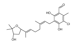 (-)-3-Chloro-4,6-dihydroxy-2-methyl-5-[(2E,6E)-3-methyl-7-[(2S,4S)-tetrahydro-4-hydroxy-5,5-dimethylfuran-2-yl]-2,6-octadienyl]benzaldehyde Structure