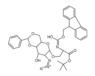 O-(2-叠氮-4,6-O-苯亚甲基-2-脱氧-α-D-吡喃半乳糖)-N-[(9H-芴-9-基甲氧基)羰基]-L-丝氨酸叔丁酯结构式
