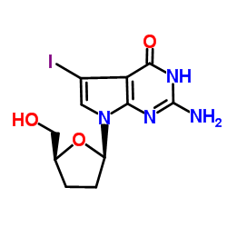 2-氨基-3,7-二氢-5-碘-7-[(2R,5S)-四氢-5-(羟基甲基)-2-呋喃基]-4H-吡咯并[2,3-D]嘧啶-4-酮结构式