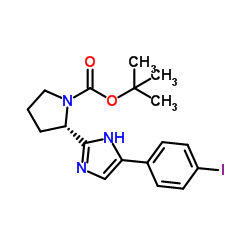 (S)-2-(5-(4-碘苯基)-1H-咪唑-2-基)吡咯烷-1-羧酸叔丁酯结构式