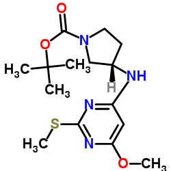 (S)-3-(6-Methoxy-2-Methylsulfanyl-pyrimidin-4-ylamino)-pyrrolidine-1-carboxylic acid tert-butyl ester结构式