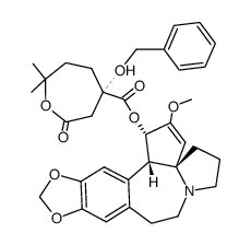 (Ξ)-4-benzyloxy-7,7-dimethyl-2-oxo-oxepane-4-carboxylic acid (3aR)-2-methoxy-(3arC4,14bc)-1,5,6,8,9,14b-hexahydro-4H-cyclopenta[b][1,3]dioxolo[4',5':4,5]benzo[1,2-d]pyrrolo[1,2-a]azepin-1t-yl ester Structure