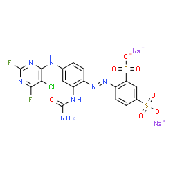 1,3-Benzenedisulfonic acid, 4-[[2-[(aminocarbonyl)amino]-4-[(5-chloro-2,6-difluoro-4-pyrimidinyl)amino ]phenyl]azo]-, disodium salt structure