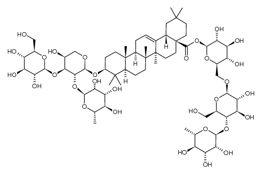 kalopanax-saponin D (3-O-α-rhamnopyranosyl-(1->2)-[β-glucopyranosyl-(1->3)]-α-arabinopyranosyl oleanolic acid 28-O-α-rhamnopyranosyl-(1->4)-β-glucopyranosyl-(1->6)-β-glucopyranosyl ester Structure