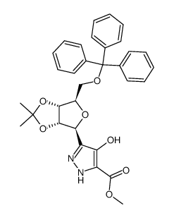 methyl 4-hydroxy-3-(2',3'-O-isopropylidene-5'-O-trityl-β-D-ribofuranosyl)pyrazole-5-carboxylate Structure