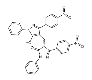 5,5'-bis-(4-nitro-phenyl)-2,2'-diphenyl-1,2,2',4'-tetrahydro-4,4'-methanylylidene-bis-pyrazol-3-one结构式