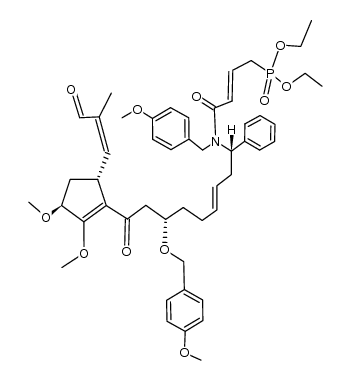 diethyl ((E)-4-(((1S,7S,E)-9-((3S,5R)-2,3-dimethoxy-5-((Z)-2-methyl-3-oxoprop-1-en-1-yl)cyclopent-1-en-1-yl)-7-((4-methoxybenzyl)oxy)-9-oxo-1-phenylnon-3-en-1-yl)(4-methoxybenzyl)amino)-4-oxobut-2-en-1-yl)phosphonate结构式