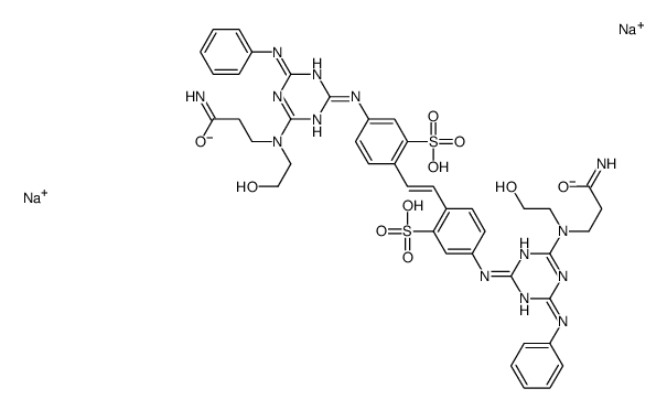 disodium 4,4'-bis[[4-anilino-6-[(2-carbamoylethyl)(2-hydroxyethyl)amino]-1,3,5,-triazin-2-yl]amino]stilbene-2,2'-disulphonate structure