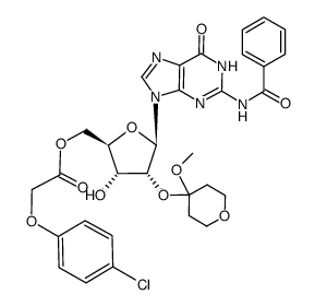 5'-O<(p-chlorophenoxy)acetyl>-2'-O-(4-methoxytetrahydro-4-pyranyl)-2-N-benzoylguanosine结构式