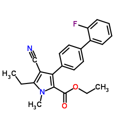 Ethyl 4-cyano-5-ethyl-3-(2'-fluoro-4-biphenylyl)-1-methyl-1H-pyrrole-2-carboxylate结构式