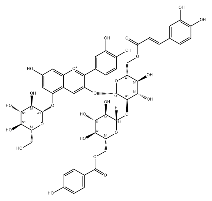矢车菊素-3-O-[6-O-反式-咖啡酰-(6-O-P-苯甲酰-2-O-Β-葡萄糖苷)]-Β-葡萄糖苷)-5-O-Β-葡萄糖苷结构式