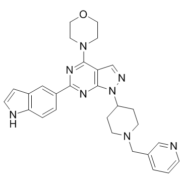 6-(1H-吲哚-5-基)-4-(4-吗啉基)-1-[1-(3-吡啶基甲基)-4-哌啶基]-1H-吡唑并[3,4-D]嘧啶结构式