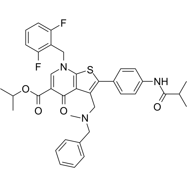 7-[(2,6-二氟苯基)甲基]-4,7-二氢-2-[4-[(2-甲基-1-氧丙基)氨基]苯基]-3-[[甲基(苯基甲基)氨基]甲基]-4-氧代-噻吩并[2,3-b]吡啶-5-羧酸-1-甲基乙酯结构式