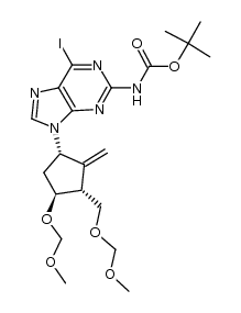 tert-butyl 6-iodo-9-((1S,3R,4S)-4-(methoxymethoxy)-3-((methoxymethoxy)methyl)-2-methylenecyclopentyl)-9H-purin-2-ylcarbamate结构式