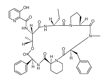 N-(3-hydroxy-pyridine-2-carbonyl)-Ls-threonyl->D-2-amino-butyryl->L-prolyl->N-methyl-L-phenylalanyl->(S)-piperidine-2-carbonyl->(S)-2-phenyl-glycine [1]3-lactone Structure