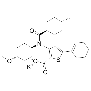 5-(1-环己烯-1-基)-3-[(反式-4-甲氧基环己基)[( 反式-4-甲基环己基)羰基]氨基]噻吩-2-羧酸钾盐结构式