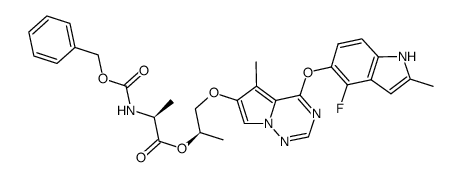 (R)-1-((4-((4-fluoro-2-methyl-1H-indol-5-yl)oxy)-5-methylpyrrolo[2,1-f][1,2,4]triazin-6-yl)oxy)propan-2-yl ((benzyloxy)carbonyl)-L-alaninate结构式