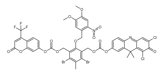 2,4-dibromo-6-((4,5-dimethoxy-2-nitrobenzyl)oxy)-3-methyl-5-(((((2-oxo-4-(trifluoromethyl)-2H-chromen-7-yl)oxy)carbonyl)oxy)methyl)benzyl (6,8-dichloro-9,9-dimethyl-7-oxo-7,9-dihydroacridin-2-yl) carbonate结构式
