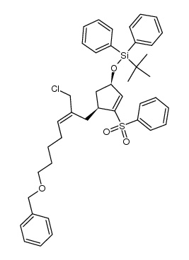 (((1R,4S)-4-((E)-7-(benzyloxy)-2-(chloromethyl)hept-2-en-1-yl)-3-(phenylsulfonyl)cyclopent-2-en-1-yl)oxy)(tert-butyl)diphenylsilane Structure