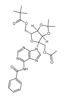 9-(1-O-acetyl-3,4-O-isopropylidene-6-O-pivaloyl-β-D-psicofuranosyl)-N6-benzoyladenine结构式