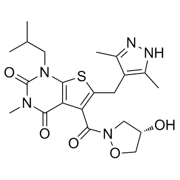 (S)-6-[(3,5-二甲基-1H-吡唑-4-基)甲基]-5-[(4-羟基异唑烷-2-基)羰基]-1-异丁基-3-甲基噻吩并[2,3-D]嘧啶-2,4(1H,3H)-二酮结构式