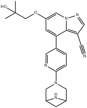 4-(6-(3,6-二氮杂双环[3.1.1]庚烷-3-基)吡啶-3-基)-6-(2-羟基-2-甲基丙氧基)吡唑并[1,5-a]吡啶3-甲腈结构式