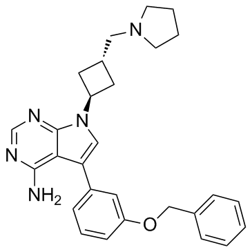 5-(3-苄氧基苯基)-7-[反式-3-[(吡咯烷-1-基)甲基]环丁基]-7H-吡咯并[2,3-D]嘧啶-4-胺结构式