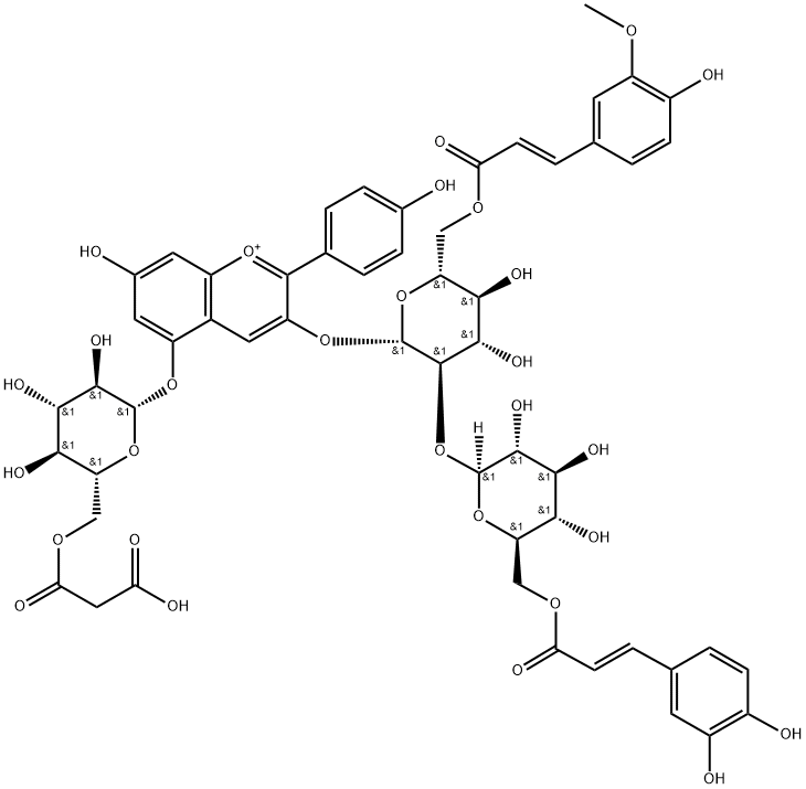 天竺葵色素-3-O-[6-O-(E)-阿魏酰基-2-O-{6-O-(E)-咖啡酰基-β-D-葡萄糖苷}-β-D-葡萄糖苷]-5-O-(6-O-丙二酰基）-β-D-葡萄糖苷结构式