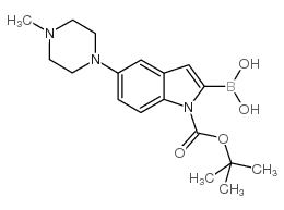 2-硼-5-(4-甲基-1-哌嗪基)-1H-吲哚-1-羧酸-1-(1,1-二甲基乙基)酯结构式