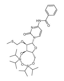 N-苯甲酰基-2'-O-[(甲硫基)甲基]-3',5'-O-[1,1,3,3-四(1-甲基乙基)-1,3-二硅氧烷二基]胞苷结构式