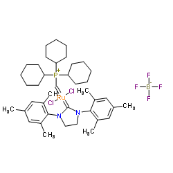二氯[1,3-双(2,4,6-三甲基苯基)-2-咪唑烷亚基][(三环己基正膦基)亚甲基]四氟硼酸钌(II)结构式