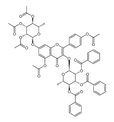 (2S,3R,4R,5S,6S)-2-((5-acetoxy-2-(4-acetoxyphenyl)-4-oxo-7-(((2S,3R,4R,5S,6S)-3,4,5-triacetoxy-6-methyltetrahydro-2H-pyran-2-yl)oxy)-4H-chromen-3-yl)oxy)-6-methyltetrahydro-2H-pyran-3,4,5-triyl tribenzoate结构式
