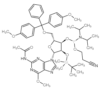 N-乙酰基-5’-O-(4,4-二甲氧基三苯甲基)-2’-O-[(叔丁基)二甲基硅基]-6’-O-甲基鸟苷-3’-(2-氰基乙基-N,N-二异丙基)亚磷酰胺结构式